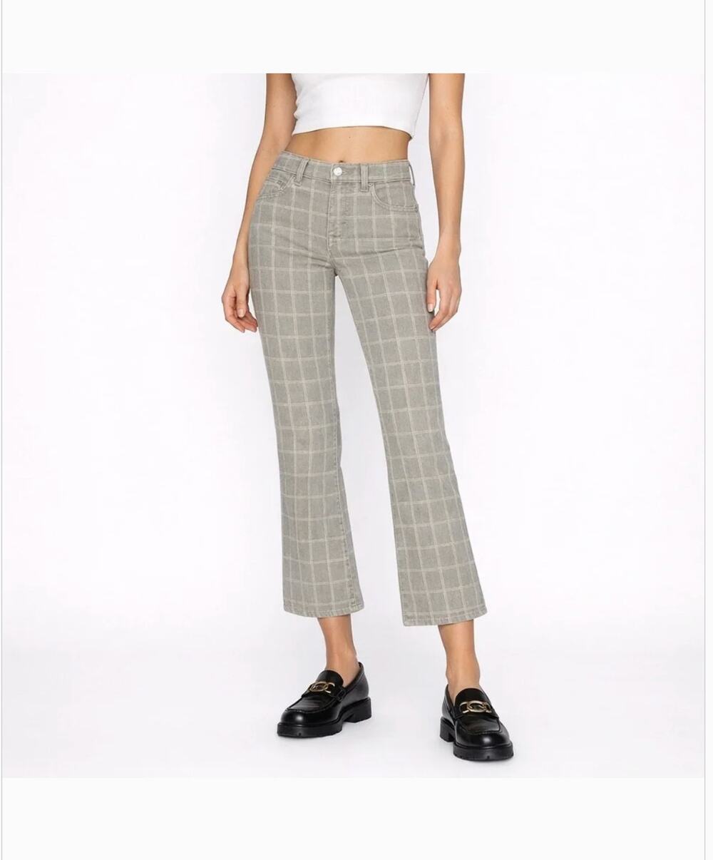 FRAME Le Crop High Waist Mini Bootcut Jeans 31 12 Pine Plaid Black Pants Prep